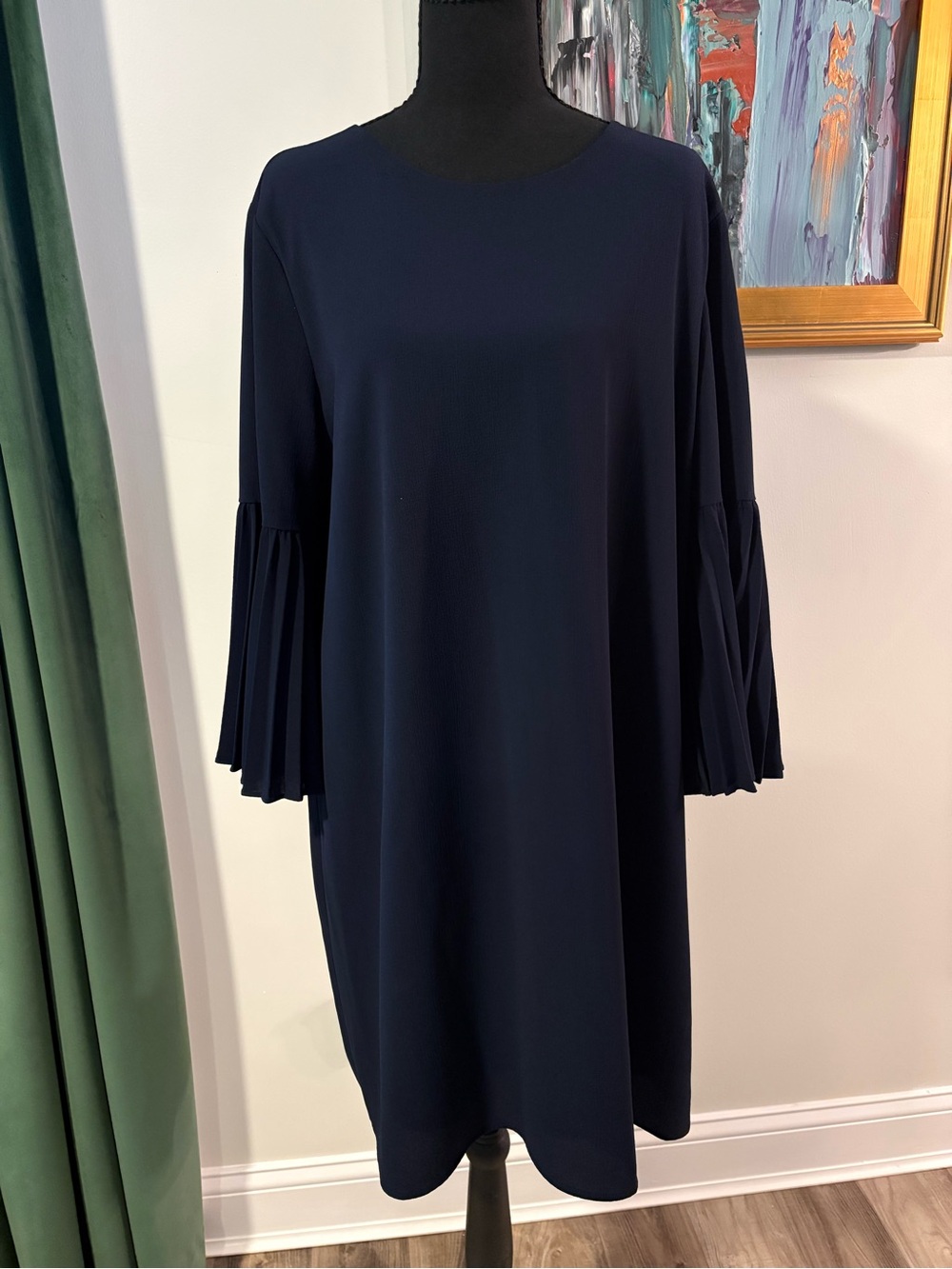 Cato Navy Pleated Bell-Sleeve Midi Dress